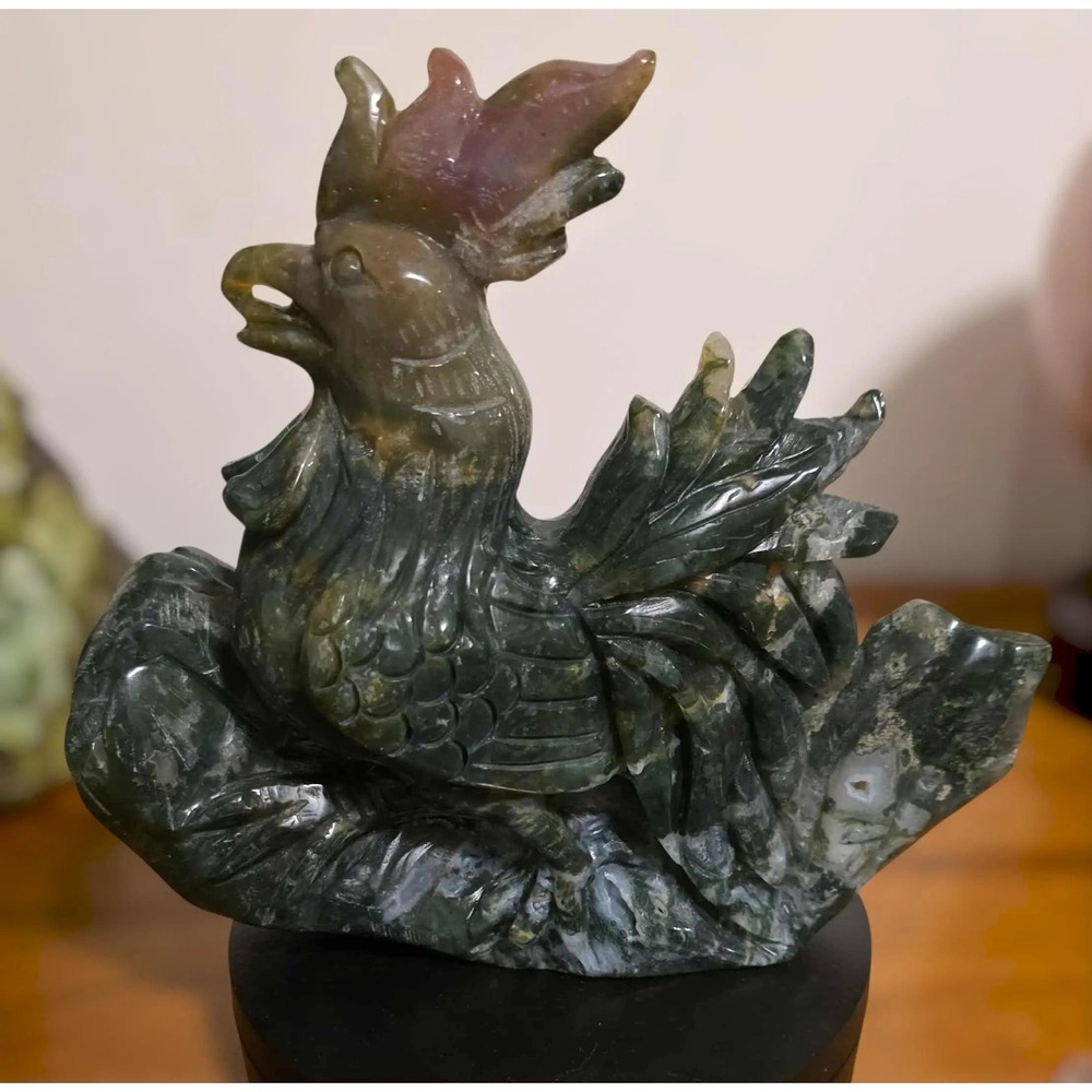 Large Moss Agate and Ocean Jasper Carved Rooster Figurine